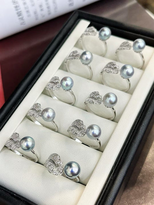 7-8mm Silver Blue Akoya Pearl Zirconia Feather Open Ring